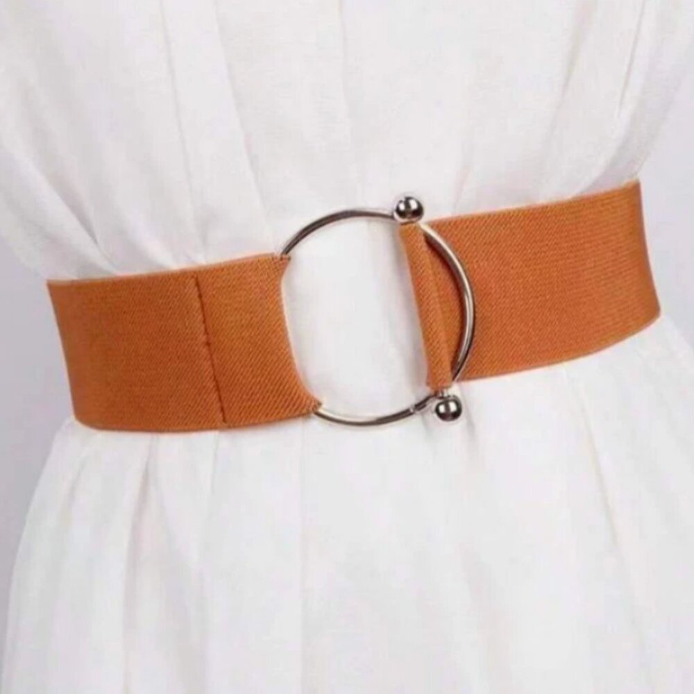 Elastic Stretch Womens Belt Round Silver Circular Buckle Camel Brown